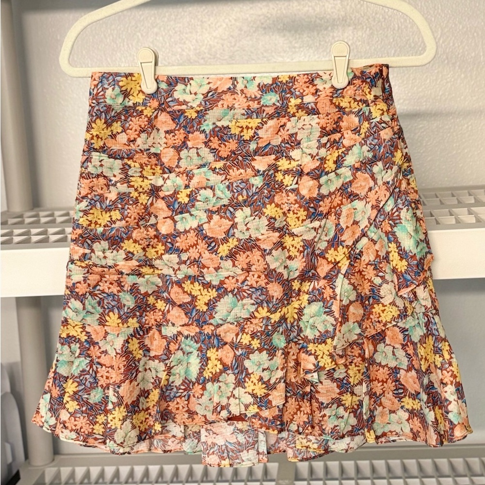 Veronica Beard Lindsay Ruched Floral Print Mini Skirt Ruffle Hem Cotton Sz 6